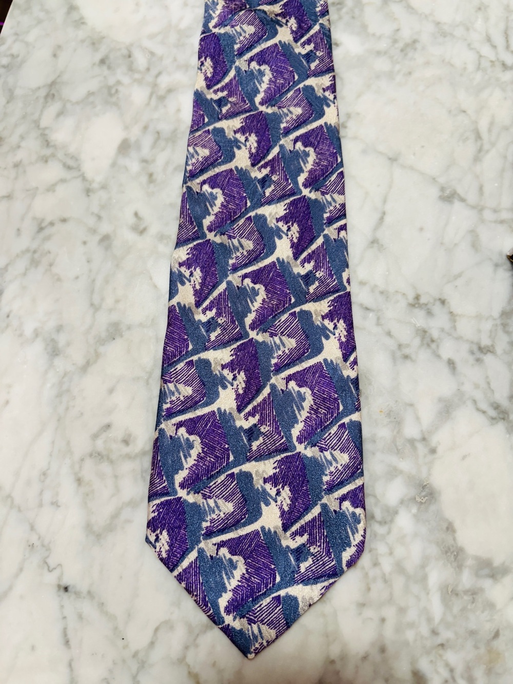BALLY VTGE Blue & Lavender  Geometric Print Silk Mens Tie
Made in Italy